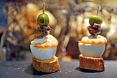 Pintxos served at Bokado Bar just beside the San Telmo Museum, San Sebastian, Bay of Biscay, province of Gipuzkoa, Basque Country, Spain, Europe