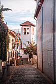 Early morning streets of Albaicin in Granada old town, near Mirado San Nicolas, Granada, Andalusia, Spain, Europe