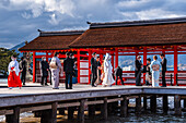 Japanese wedding at Itsukushima Shrine, Shinto temple, Miyajima Island, UNESCO World Heritage Site, Hiroshima Prefecture, Honshu, Japan, Asia