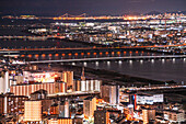 Highway and railway bridges crossing the Yodo River, night skyline, Osaka, Honshu, Japan, Asia