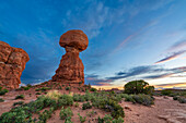 Balanced Rock rock formation at sunset, Arches National Park, Utah, United States of America, North America