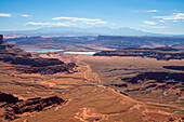 Distant view of potash ponds in canyon country, Dead Horse Point, Dead Horse Point State Park, Utah, United States of America, North America