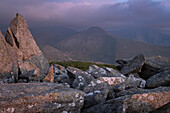 Last light on Yr Elen from Bera Bach, Carneddau Mountains, Snowdonia National Park (Eryri), North Wales, United Kingdom, Europe