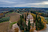 Chapel of San Michele Arcangelo in Semifonte, drone aerial view at sunset, Semifonte, Chianti, Tuscany, Italy, Europe