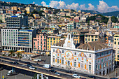 Panoramic view of Genoa from Bigo, Palazzo San Georgio, Genoa, Liguria, Italy, Europe