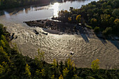 Aerial view of the mouth of the Gallego River into the Ebro River, Zaragoza, Spain