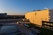 Aerial view of Zaragoza–Delicias railway and central bus station at sunset