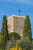 Wachturm auf der Stadtmauer der mittelalterlichen Festungsstadt Monteriggioni,Siena,Toskana,Italien. Von außen betrachtet.