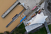 Aerial view of Vadorrey Pier and Kayak club on the Ebro River, abundant due to the recent Dana, Zaragoza, Spain