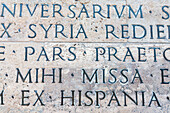 Close up of Latin text from Ara Pacis in Rome mentioning Hispania.