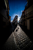 A beautiful sunset casts dramatic shadows in the historic center of Sevilla, Spain. The sun gently illuminates the cobblestone street of Calle Feria, creating a stunning urban atmosphere.