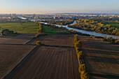 Aerial view of the mouth of the Gallego River into the Ebro River, Zaragoza, Spain