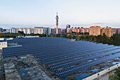 Aerial view of photovoltaic power station in Casablanca water treatment plant and Movistar Telecommunications tower, Zaragoza, Spain