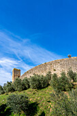 Wachturm auf der Stadtmauer der mittelalterlichen Stadt Monteriggioni,Siena,Toskana,Italien. Von außen betrachtet.