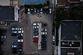 Aerial view of an urban school parking lot