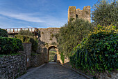 The Porta Fiorentina, a gateway through the wall of the medieval walled town of Monteriggioni, Sienna, Tuscany, Italy.