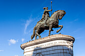 The grand equestrian statue of King Dom João I stands proudly in Praça da Figueira, a notable landmark in Lisbon, Portugal.