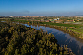 Aerial view of the Ebro River passing by La Alfranca area in Zaragoza, Spain