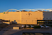 Aerial view of Zaragoza–Delicias railway and central bus station at sunset