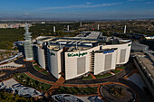 Aerial view of El Corte Ingles store and HiperCor supermarket in Puerto Venecia shopping center, Zaragoza, Spain