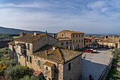 The Piazza Roma in the medieval walled town of Monteriggioni, Sienna Province, Italy.