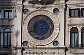 The astrological clock face on St. Mark's Clocktower in St. Mark's Square in Venice, Italy.