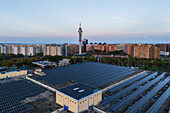 Aerial view of photovoltaic power station in Casablanca water treatment plant and Movistar Telecommunications tower, Zaragoza, Spain