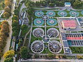 Aerial view of Casablanca water treatment plant and Imperial Canal in Zaragoza, Spain