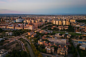 Aerial view of the Canal Imperial de Aragon in Zaragoza at sunset, Spain