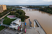 Aerial view of Vadorrey Pier and Kayak club on the Ebro River, abundant due to the recent Dana, Zaragoza, Spain