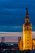 An enchanting aerial view of the iconic Giralda Tower in Seville with the Centenary Bridge in the background. Captures the historical and architectural beauty of Spain at dusk.