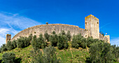 Wachtürme auf der Mauer der mittelalterlichen Stadt Monteriggioni,Siena,Toskana,Italien. Von außen betrachtet.