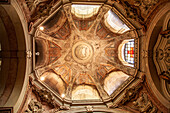 Lisbon, Portugal, March 1 2007, Intricate architectural details of the dome inside Encarnacao Church in Lisbon, Portugal, showcasing beautiful carvings and historic craftsmanship.