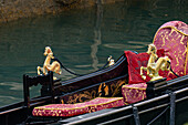 Detail of a gondola in Venice, Italy, showing brass seahorses.