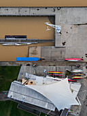 Aerial view of Vadorrey Pier and Kayak club on the Ebro River, abundant due to the recent Dana, Zaragoza, Spain