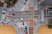 Aerial view of an abundant Ebro River passing under the Bridge after the Dana, Zaragoza, Spain