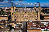 Aerial view of Cathedral-Basilica of Nuestra Señora del Pilar and Alfonso Street in Zaragoza, Spain