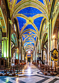 Rome, Italy, July 2017, Gothic interior of Santa Maria Sopra Minerva Basilica, showcasing colorful vaulted ceilings.