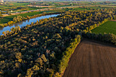 Aerial view of the Ebro River passing by La Alfranca area in Zaragoza, Spain