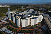 Aerial view of El Corte Ingles store and HiperCor supermarket in Puerto Venecia shopping center, Zaragoza, Spain