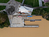 Aerial view of Vadorrey Pier and Kayak club on the Ebro River, abundant due to the recent Dana, Zaragoza, Spain