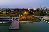 Aerial view of an artificial lake at sunset