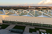 Aerial view of Zaragoza–Delicias railway and central bus station at sunset