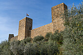 Wachtürme an der Mauer der mittelalterlichen Stadt Monteriggioni,Siena,Toskana,Italien. Von außen betrachtet.