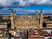 Aerial view of Cathedral-Basilica of Nuestra Señora del Pilar and Alfonso Street in Zaragoza, Spain