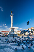 Lisbon, Portugal, March 1 2007, A vibrant flock of pigeons lifts off from the cobblestone square in Rossio, creating a lively atmosphere in the heart of Lisbon.