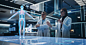 Scientists working with human skeleton hologram
