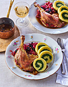 Duck with potato and spinach roulades and red cabbage