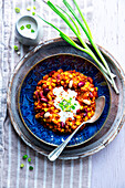 Vegan bean chilli with smoked tofu