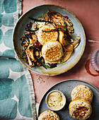 Crumpets with pickled mushrooms and acacia hollandaise
